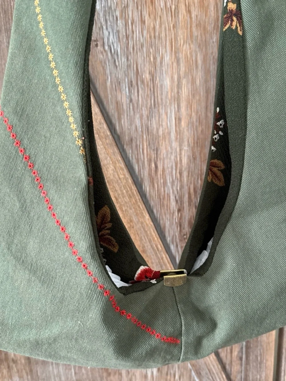 Olive Green Embroidered Shoulder Hobo Bag with Tan Leather Handle